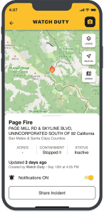 The Watch Duty app on an iPhone showing updates for the recent Page Fire 