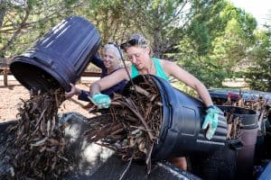 Two women pour eucalyptus bark into a collection bin
