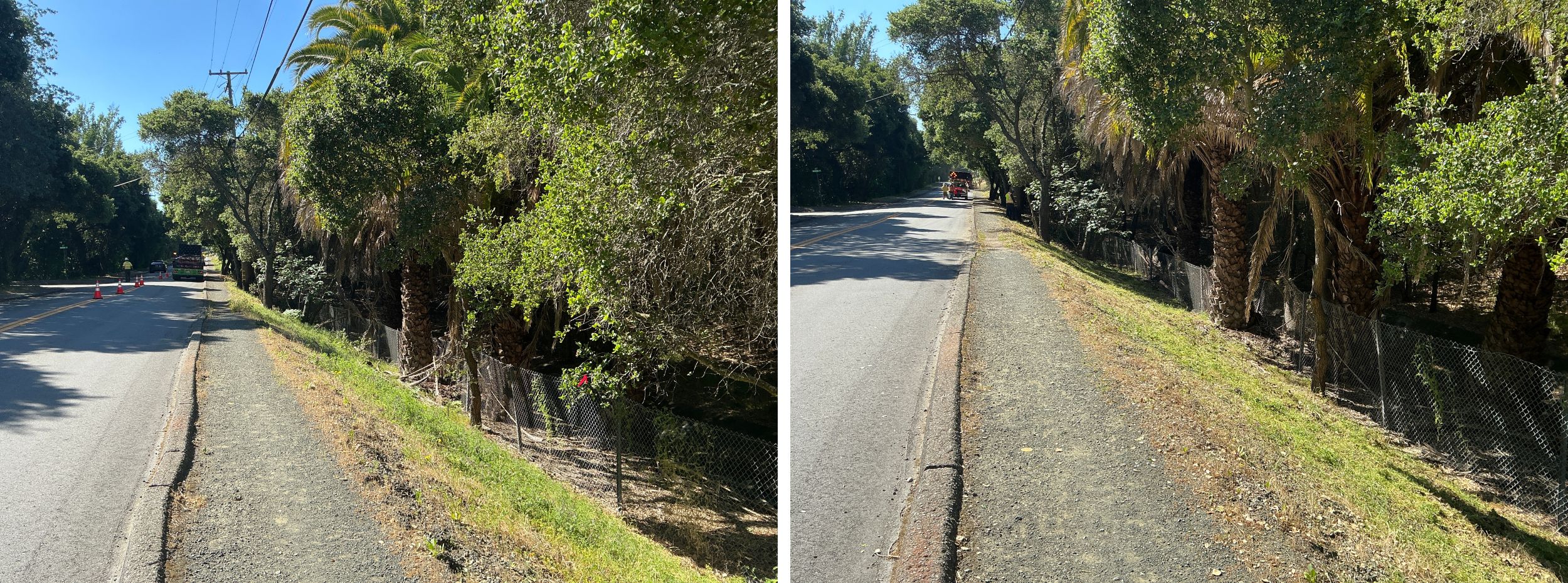 Hazardous vegetation, including brush, grasses, and tree limbs, is cleared to the fence line. Wooded vegetation piles will be cleaned up and chipped.